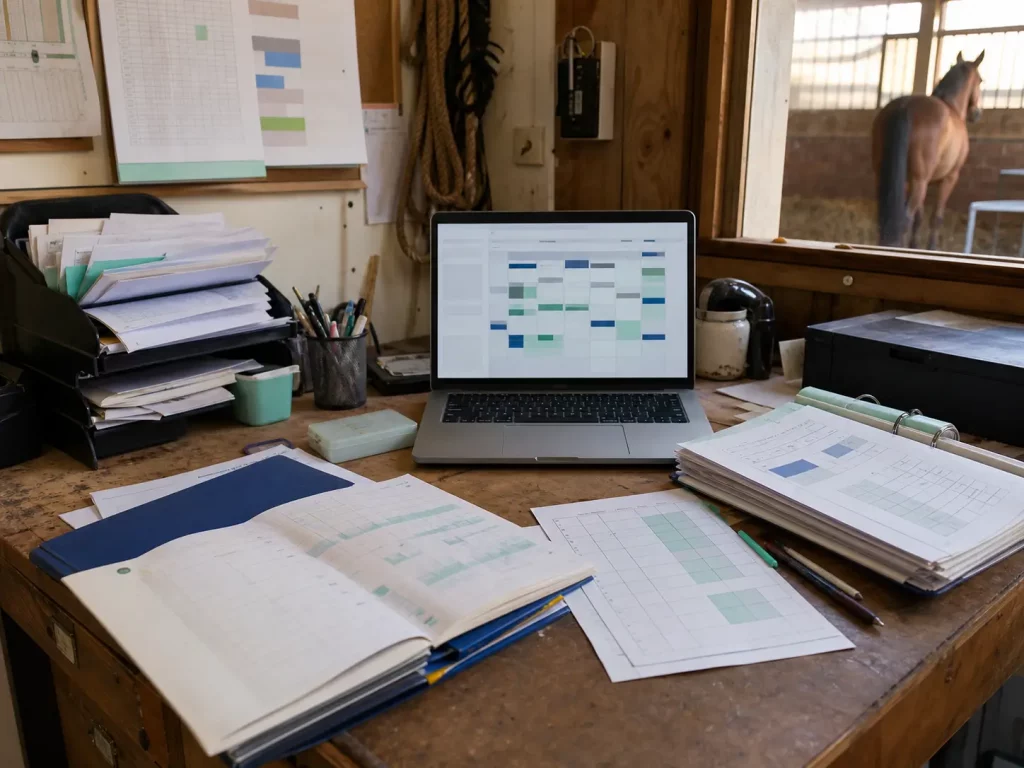 Papierchaos im Stallbüro vor der Einführung von Stallmanagement Software